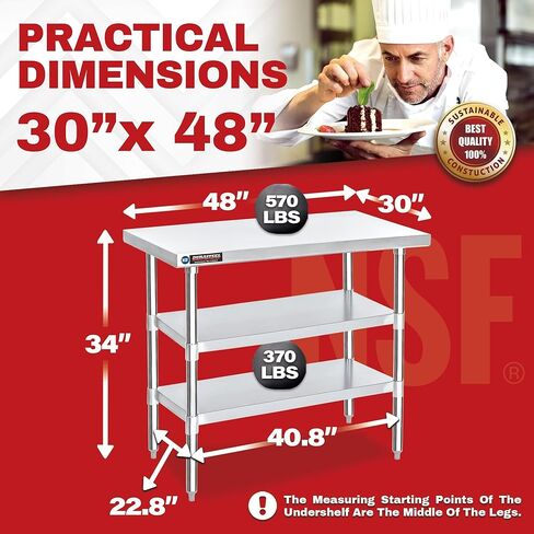DuraSteel Food Prep Stainless Steel Table - 30 x 48 Inch Commercial Metal Workbench with Adjustable Under Shelf - NSF Certified - for Restaurant, Warehouse, Home, Kitchen, Garage in Saudi Arabia