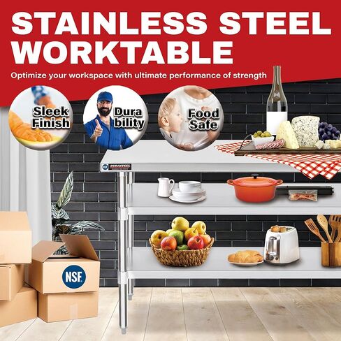 DuraSteel Food Prep Stainless Steel Table - 30 x 48 Inch Commercial Metal Workbench with Adjustable Under Shelf - NSF Certified - for Restaurant, Warehouse, Home, Kitchen, Garage in Saudi Arabia