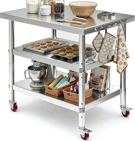 DWVO 36x24in Stainless Steel Table, NSF Metal Prep Worktable with 2 Adjustable Shelves & Wheels for Kitchen Restaurant Hotel Garage Warehouse Home in Saudi Arabia
