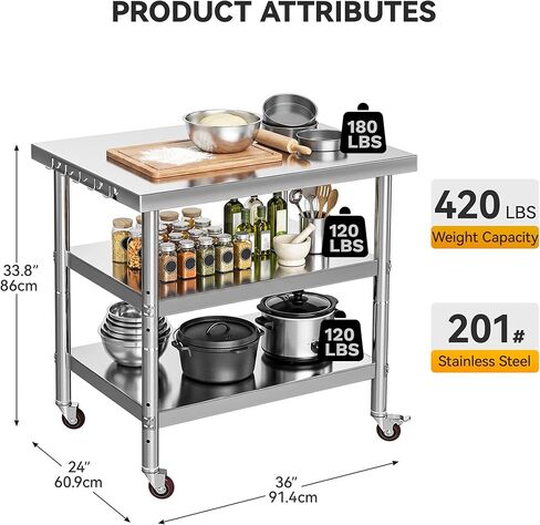 DWVO 36x24in Stainless Steel Table, NSF Metal Prep Worktable with 2 Adjustable Shelves & Wheels for Kitchen Restaurant Hotel Garage Warehouse Home in Saudi Arabia