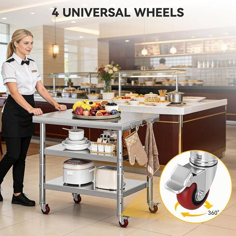 DWVO 36x24in Stainless Steel Table, NSF Metal Prep Worktable with 2 Adjustable Shelves & Wheels for Kitchen Restaurant Hotel Garage Warehouse Home in Saudi Arabia