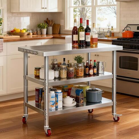 DWVO 36x24in Stainless Steel Table, NSF Metal Prep Worktable with 2 Adjustable Shelves & Wheels for Kitchen Restaurant Hotel Garage Warehouse Home in Saudi Arabia