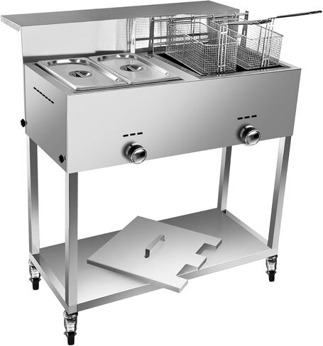 LetFeng عربة المقلاة العميقة الفولاذ المقاوم للصدأ في الهواء الطلق سلة البروبان الثقيلة عربة المقلاة العميقة مع 30 رطل 3.5 جالون مقلاة عميقة البروبان مع سلة 2 سلال المقلاة 2 طاولة بخار عموم للأغراض التجارية والمنزلية in Kuwait