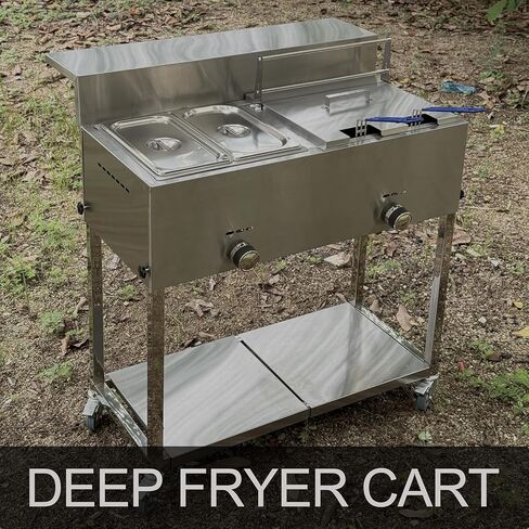 LetFeng عربة المقلاة العميقة الفولاذ المقاوم للصدأ في الهواء الطلق سلة البروبان الثقيلة عربة المقلاة العميقة مع 30 رطل 3.5 جالون مقلاة عميقة البروبان مع سلة 2 سلال المقلاة 2 طاولة بخار عموم للأغراض التجارية والمنزلية in Kuwait