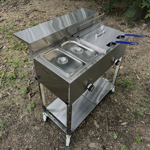 LetFeng عربة المقلاة العميقة الفولاذ المقاوم للصدأ في الهواء الطلق سلة البروبان الثقيلة عربة المقلاة العميقة مع 30 رطل 3.5 جالون مقلاة عميقة البروبان مع سلة 2 سلال المقلاة 2 طاولة بخار عموم للأغراض التجارية والمنزلية in Kuwait