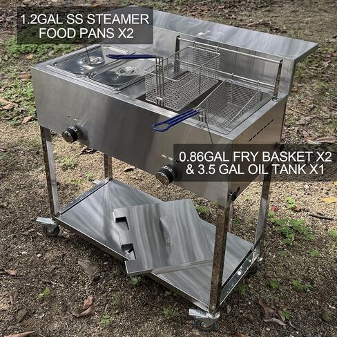 LetFeng عربة المقلاة العميقة الفولاذ المقاوم للصدأ في الهواء الطلق سلة البروبان الثقيلة عربة المقلاة العميقة مع 30 رطل 3.5 جالون مقلاة عميقة البروبان مع سلة 2 سلال المقلاة 2 طاولة بخار عموم للأغراض التجارية والمنزلية in Kuwait