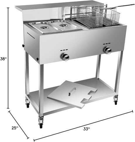 LetFeng عربة المقلاة العميقة الفولاذ المقاوم للصدأ في الهواء الطلق سلة البروبان الثقيلة عربة المقلاة العميقة مع 30 رطل 3.5 جالون مقلاة عميقة البروبان مع سلة 2 سلال المقلاة 2 طاولة بخار عموم للأغراض التجارية والمنزلية in Kuwait