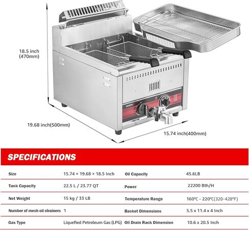 EGGKITPO 45.6LB Commercial Propane Gas Fryer with ignition 22200 BTU/h 2 Baskets Stainless Steel Oil Drain Rack Flat Lid Countertop Deep Fryer with Temp Control and Valve for Food Truck Restaurant in Kuwait