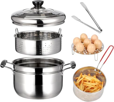 وعاء مقلاة عميقة من الفولاذ المقاوم للصدأ 304 مكون من 6 قطع مع سلة، وعاء طهي متعدد الوظائف سعة 4.2 لتر/4 لتر مع غطاء زجاجي، سلة بخار، سلة قلي، ملقط طعام ورف بيض، مثالي للقلي والتبخير والغليان in Kuwait