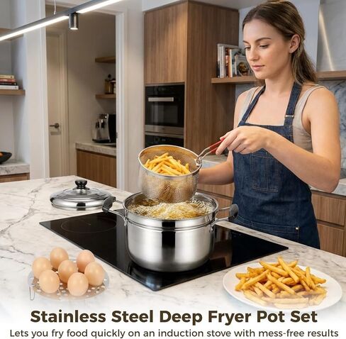 وعاء مقلاة عميقة من الفولاذ المقاوم للصدأ 304 مكون من 6 قطع مع سلة، وعاء طهي متعدد الوظائف سعة 4.2 لتر/4 لتر مع غطاء زجاجي، سلة بخار، سلة قلي، ملقط طعام ورف بيض، مثالي للقلي والتبخير والغليان in Kuwait
