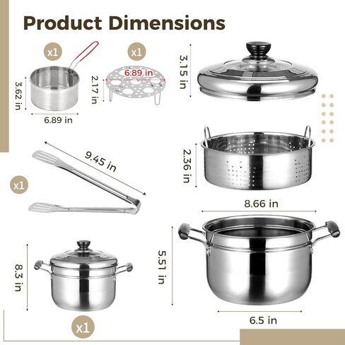 وعاء مقلاة عميقة من الفولاذ المقاوم للصدأ 304 مكون من 6 قطع مع سلة، وعاء طهي متعدد الوظائف سعة 4.2 لتر/4 لتر مع غطاء زجاجي، سلة بخار، سلة قلي، ملقط طعام ورف بيض، مثالي للقلي والتبخير والغليان in Kuwait