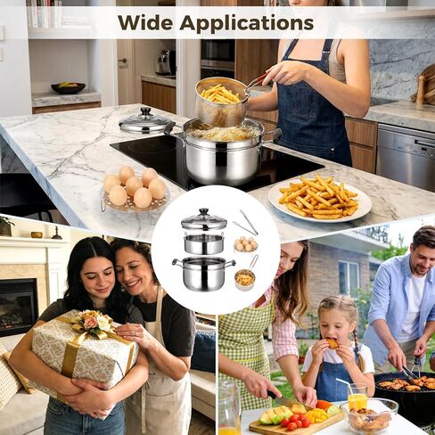 وعاء مقلاة عميقة من الفولاذ المقاوم للصدأ 304 مكون من 6 قطع مع سلة، وعاء طهي متعدد الوظائف سعة 4.2 لتر/4 لتر مع غطاء زجاجي، سلة بخار، سلة قلي، ملقط طعام ورف بيض، مثالي للقلي والتبخير والغليان in Kuwait