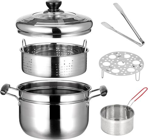 وعاء مقلاة عميقة من الفولاذ المقاوم للصدأ 304 مكون من 6 قطع مع سلة، وعاء طهي متعدد الوظائف سعة 4.2 لتر/4 لتر مع غطاء زجاجي، سلة بخار، سلة قلي، ملقط طعام ورف بيض، مثالي للقلي والتبخير والغليان in Kuwait