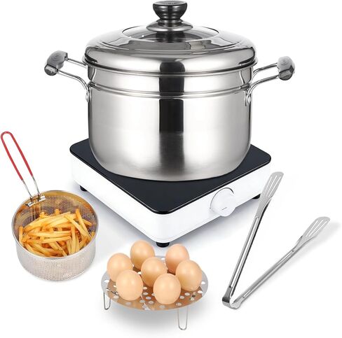 وعاء مقلاة عميقة من الفولاذ المقاوم للصدأ 304 مكون من 6 قطع مع سلة، وعاء طهي متعدد الوظائف سعة 4.2 لتر/4 لتر مع غطاء زجاجي، سلة بخار، سلة قلي، ملقط طعام ورف بيض، مثالي للقلي والتبخير والغليان in Kuwait