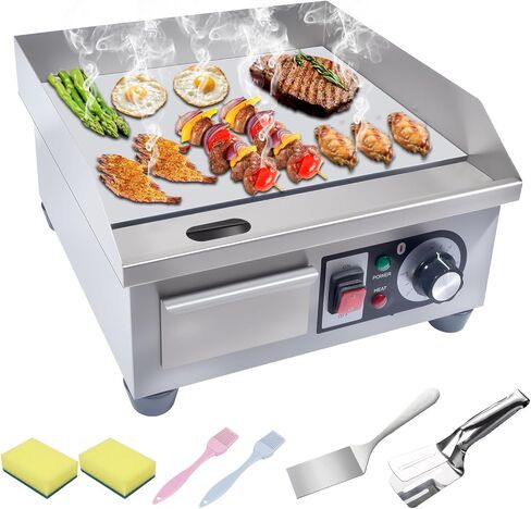 شواية كهربائية تجارية، شواية مسطحة مسطحة بقدرة 1500 وات، شواية من الفولاذ المقاوم للصدأ مقاس 14.2 بوصة مع مجرفتين وفرشتين للمنزل أو المطعم، درجة حرارة قابلة للتعديل من 122 إلى 572 درجة فهرنهايت in Kuwait