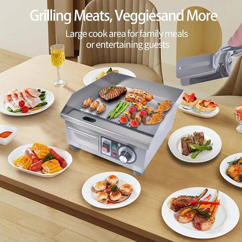 شواية كهربائية تجارية، شواية مسطحة مسطحة بقدرة 1500 وات، شواية من الفولاذ المقاوم للصدأ مقاس 14.2 بوصة مع مجرفتين وفرشتين للمنزل أو المطعم، درجة حرارة قابلة للتعديل من 122 إلى 572 درجة فهرنهايت in Kuwait