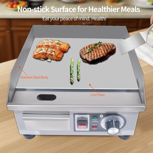شواية كهربائية تجارية، شواية مسطحة مسطحة بقدرة 1500 وات، شواية من الفولاذ المقاوم للصدأ مقاس 14.2 بوصة مع مجرفتين وفرشتين للمنزل أو المطعم، درجة حرارة قابلة للتعديل من 122 إلى 572 درجة فهرنهايت in Kuwait