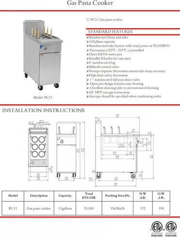 Commercial Gas Pasta Cooker, 70000 BTU, 11 Gallon Capacity, 6 Holes, Stainless Steel Construction PC11-1 ETL in Saudi Arabia