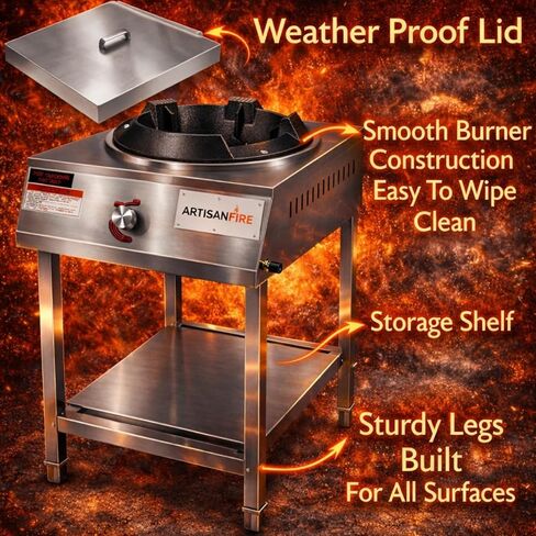 مجموعة Vortex Wok الاحترافية المصنوعة من الفولاذ المقاوم للصدأ - موقد بروبان تجاري خارجي بشعلة واحدة - 220.000 وحدة حرارية بريطانية، مثالي للقلي السريع والمطابخ الخارجية والطهي الآسيوي in Kuwait