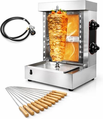 2-Burner Commercial Shawarma Grill Machine | Vertical Rotisserie Kebab & Gyro Cooker for Shawarma, Doner, Tacos Al Pastor | Heavy-Duty Stainless Steel | 10 Skewers Included in Saudi Arabia