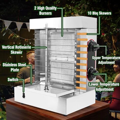 2-Burner Commercial Shawarma Grill Machine | Vertical Rotisserie Kebab & Gyro Cooker for Shawarma, Doner, Tacos Al Pastor | Heavy-Duty Stainless Steel | 10 Skewers Included in Saudi Arabia
