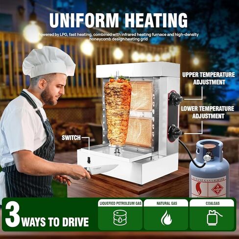 2-Burner Commercial Shawarma Grill Machine | Vertical Rotisserie Kebab & Gyro Cooker for Shawarma, Doner, Tacos Al Pastor | Heavy-Duty Stainless Steel | 10 Skewers Included in Saudi Arabia