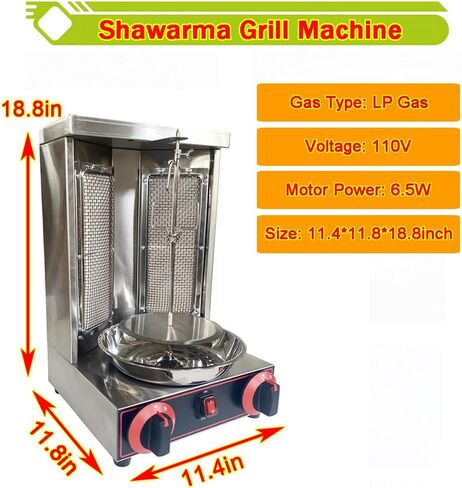 Shawarma Grill Machine Vertical Broiler LP Gas Turkish Barbecue Shawarma Rotisserie Countertop Rotating Doner Kebab Gyro Grill Oven with 2 Burners for Home Kitchen Restaurant Party in Saudi Arabia