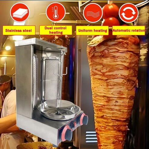 Shawarma Grill Machine Vertical Broiler LP Gas Turkish Barbecue Shawarma Rotisserie Countertop Rotating Doner Kebab Gyro Grill Oven with 2 Burners for Home Kitchen Restaurant Party in Saudi Arabia