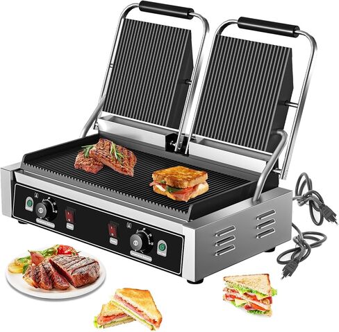 Commercial Dual Head Panini Grill, 3400W Electric Sandwich Panini Maker, 50-300℃(120-570℉), Stainless Steel Sandwich Press Grill, for Catering, Restaurant, Perfect for Iftar, CE Certified in Saudi Arabia