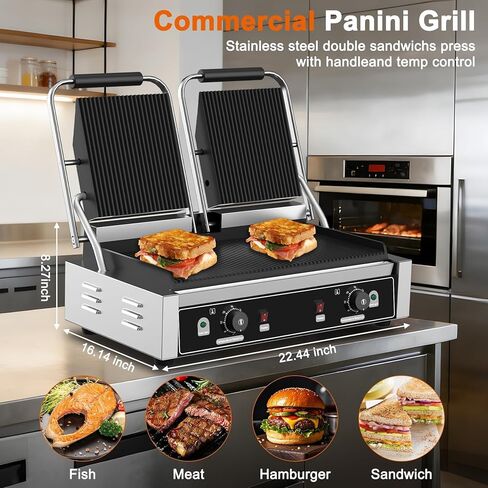 Commercial Dual Head Panini Grill, 3400W Electric Sandwich Panini Maker, 50-300℃(120-570℉), Stainless Steel Sandwich Press Grill, for Catering, Restaurant, Perfect for Iftar, CE Certified in Saudi Arabia