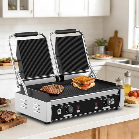 Commercial Dual Head Panini Grill, 3400W Electric Sandwich Panini Maker, 50-300℃(120-570℉), Stainless Steel Sandwich Press Grill, for Catering, Restaurant, Perfect for Iftar, CE Certified in Saudi Arabia