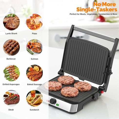 شواية بانيني كهربائية وصانعة الساندويتشات / أطباق مطلية غير لاصقة مقاس 8.5 بوصة × 11 بوصة، تفتح 180 درجة لتناسب أي نوع أو حجم طعام، آمنة للاستخدام في غسالة الأطباق، فضية in Kuwait