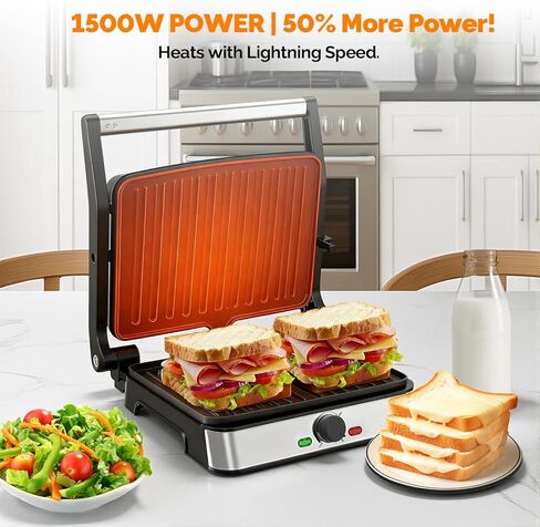 شواية بانيني كهربائية وصانعة الساندويتشات / أطباق مطلية غير لاصقة مقاس 8.5 بوصة × 11 بوصة، تفتح 180 درجة لتناسب أي نوع أو حجم طعام، آمنة للاستخدام في غسالة الأطباق، فضية in Kuwait