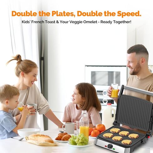 شواية بانيني كهربائية وصانعة الساندويتشات / أطباق مطلية غير لاصقة مقاس 8.5 بوصة × 11 بوصة، تفتح 180 درجة لتناسب أي نوع أو حجم طعام، آمنة للاستخدام في غسالة الأطباق، فضية in Kuwait