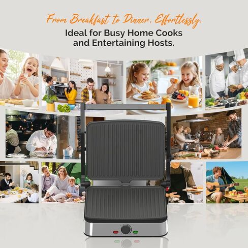 شواية بانيني كهربائية وصانعة الساندويتشات / أطباق مطلية غير لاصقة مقاس 8.5 بوصة × 11 بوصة، تفتح 180 درجة لتناسب أي نوع أو حجم طعام، آمنة للاستخدام في غسالة الأطباق، فضية in Kuwait