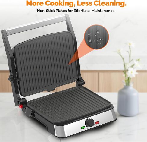 شواية بانيني كهربائية وصانعة الساندويتشات / أطباق مطلية غير لاصقة مقاس 8.5 بوصة × 11 بوصة، تفتح 180 درجة لتناسب أي نوع أو حجم طعام، آمنة للاستخدام في غسالة الأطباق، فضية in Kuwait