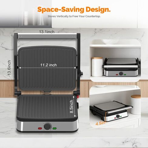 شواية بانيني كهربائية وصانعة الساندويتشات / أطباق مطلية غير لاصقة مقاس 8.5 بوصة × 11 بوصة، تفتح 180 درجة لتناسب أي نوع أو حجم طعام، آمنة للاستخدام في غسالة الأطباق، فضية in Kuwait