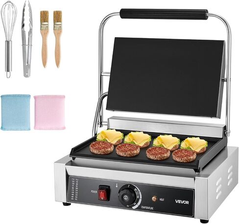 VEVOR Commercial Panini Grill, 1800W Electric Sandwich Panini Maker, Stainless Steel Sandwichs Press Grill with Handle and Temp Control, 13.5x9.3 in Full Flat Enamel Plate, for Hamburger Steak Bacon in Saudi Arabia