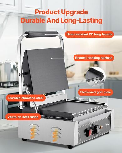 VEVOR Commercial Panini Grill, 1800W Electric Sandwich Panini Maker, Stainless Steel Sandwichs Press Grill with Handle and Temp Control, 13.5x9.3 in Full Flat Enamel Plate, for Hamburger Steak Bacon in Saudi Arabia