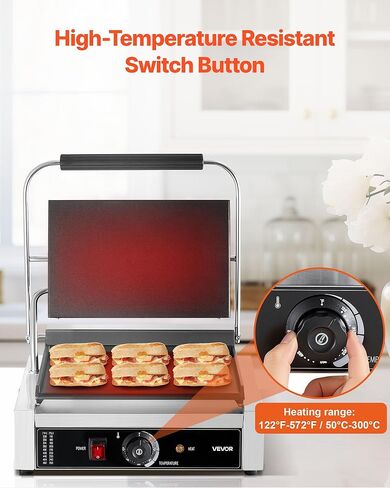 VEVOR Commercial Panini Grill, 1800W Electric Sandwich Panini Maker, Stainless Steel Sandwichs Press Grill with Handle and Temp Control, 13.5x9.3 in Full Flat Enamel Plate, for Hamburger Steak Bacon in Saudi Arabia