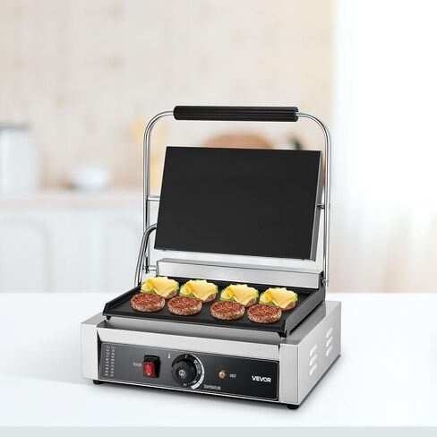 VEVOR Commercial Panini Grill, 1800W Electric Sandwich Panini Maker, Stainless Steel Sandwichs Press Grill with Handle and Temp Control, 13.5x9.3 in Full Flat Enamel Plate, for Hamburger Steak Bacon in Saudi Arabia