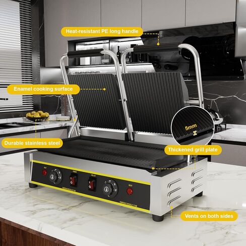 شواية بانيني التجارية، صانعة بانيني ساندويتش كهربائية بقدرة 3600 وات مع التحكم في درجة الحرارة 122-572 درجة فهرنهايت، 19.5 بوصة × 9 بوصة، ألواح مزدوجة غير لاصقة كاملة الحواف، شواية كبيرة لشريحة لحم الهامبرغر المقدد in Kuwait