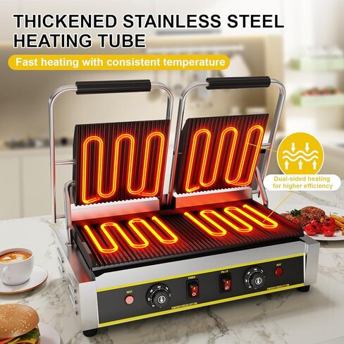 شواية بانيني التجارية، صانعة بانيني ساندويتش كهربائية بقدرة 3600 وات مع التحكم في درجة الحرارة 122-572 درجة فهرنهايت، 19.5 بوصة × 9 بوصة، ألواح مزدوجة غير لاصقة كاملة الحواف، شواية كبيرة لشريحة لحم الهامبرغر المقدد in Kuwait