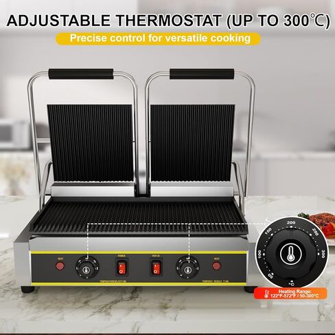 شواية بانيني التجارية، صانعة بانيني ساندويتش كهربائية بقدرة 3600 وات مع التحكم في درجة الحرارة 122-572 درجة فهرنهايت، 19.5 بوصة × 9 بوصة، ألواح مزدوجة غير لاصقة كاملة الحواف، شواية كبيرة لشريحة لحم الهامبرغر المقدد in Kuwait