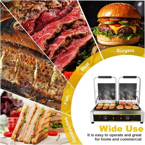 شواية بانيني التجارية، صانعة بانيني ساندويتش كهربائية بقدرة 3600 وات مع التحكم في درجة الحرارة 122-572 درجة فهرنهايت، 19.5 بوصة × 9 بوصة، ألواح مزدوجة غير لاصقة كاملة الحواف، شواية كبيرة لشريحة لحم الهامبرغر المقدد in Kuwait