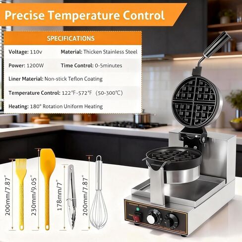 WICHEMI Commercial Belgian Waffle Maker Thick, Cast Iron Waffle Maker Rotating, 180° Flip Nonstick Time Control Temperature Adjustable 110v 1200w in Kuwait