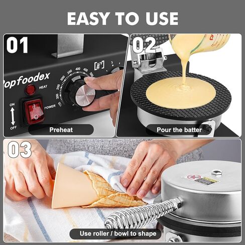 Commercial Waffle Cone Maker - 1200W Commercial Ice Cream Cone Maker w/ 8’’ Non-stick pan and 122–572°F Adjustable Temp, Waffle Cone Maker Machine w/Shaper Roller and Timer, for Restaurants in Saudi Arabia