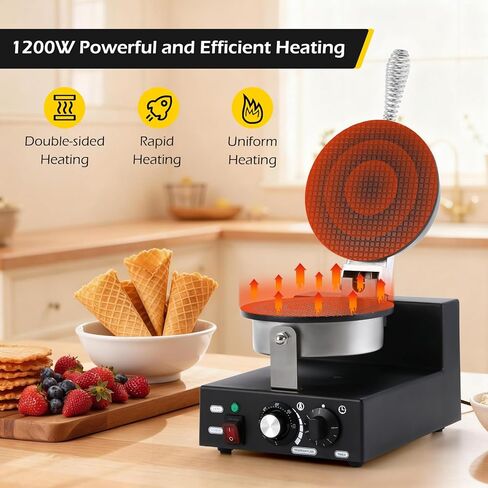Dyna-Living Commerical Waffle Cone Maker 1200W Professional Waffle Cone Iron Restaurant Ice Cream Cone Egg Roll Mold Nonstick Waffle Machine for Home in Kuwait