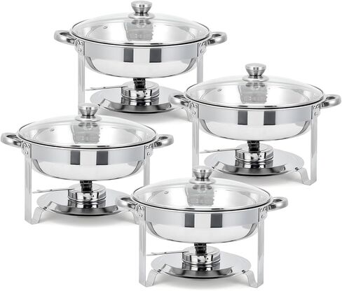 Professional Buffet Warming Solution - 5QT Round Stainless Steel Chafing Dish Set, 4 Pack with Glass Lids, Fuel Holders, Food & Water Pans - Ideal for Catering, Weddings, Parties in Kuwait