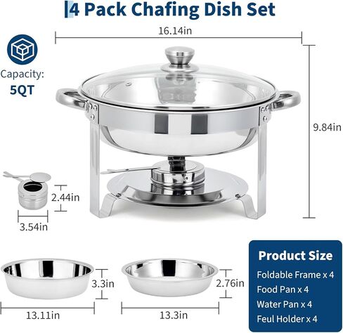 Professional Buffet Warming Solution - 5QT Round Stainless Steel Chafing Dish Set, 4 Pack with Glass Lids, Fuel Holders, Food & Water Pans - Ideal for Catering, Weddings, Parties in Kuwait